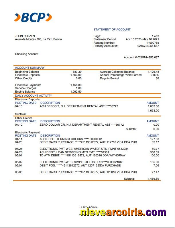 Bolivia banco de crédito de bolivia bank statement in Word and PDF format